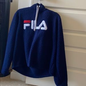 navy blue fila fuzzy hoodie pullover sweatshirt